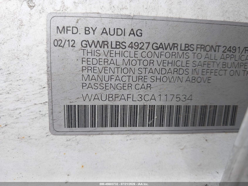2012 Audi A4 2.0T Premium VIN: WAUBFAFL3CA117534 Lot: 45683732