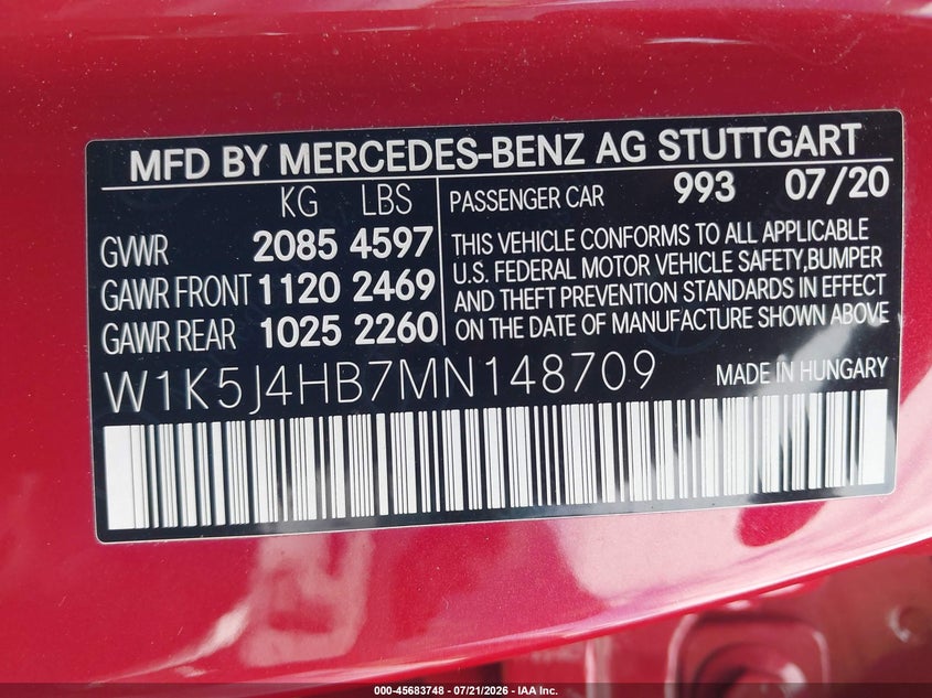 2021 Mercedes-Benz Cla 250 4Matic VIN: W1K5J4HB7MN148709 Lot: 45683748