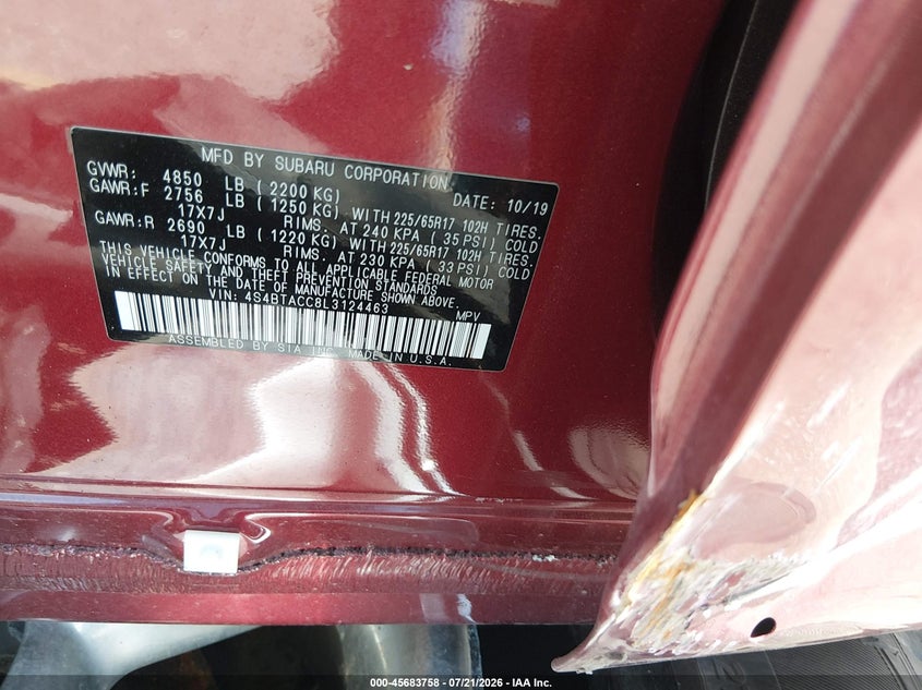2020 Subaru Outback Premium VIN: 4S4BTACC8L3124463 Lot: 45683758