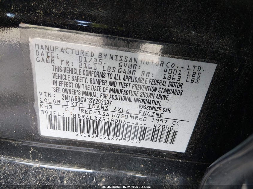 2025 Nissan Sentra Sv VIN: 3N1AB8CV1SY293097 Lot: 45683763