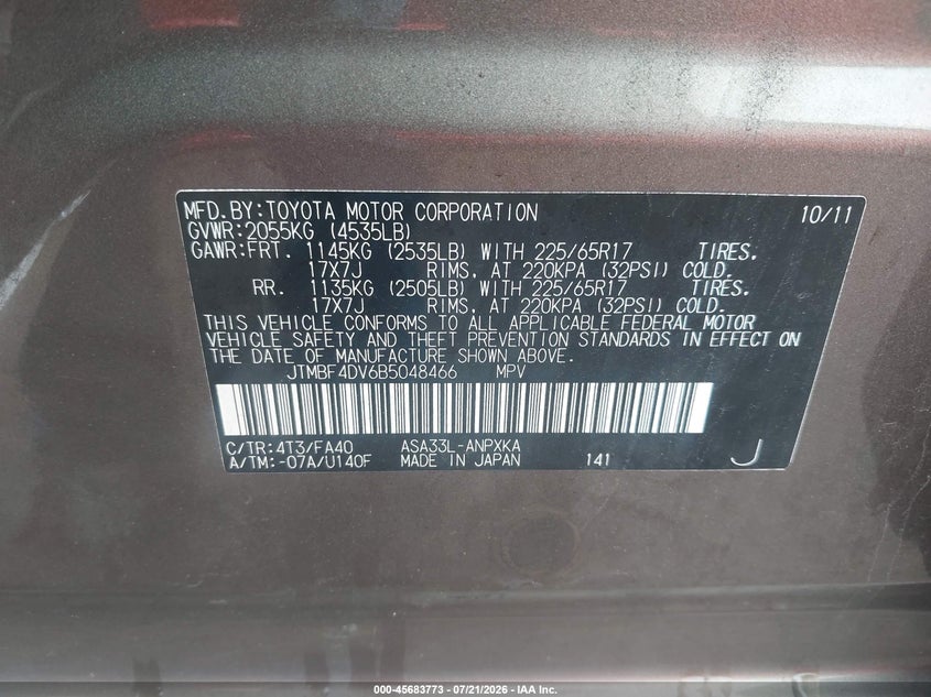 2011 Toyota Rav4 VIN: JTMBF4DV6B5048466 Lot: 45683773