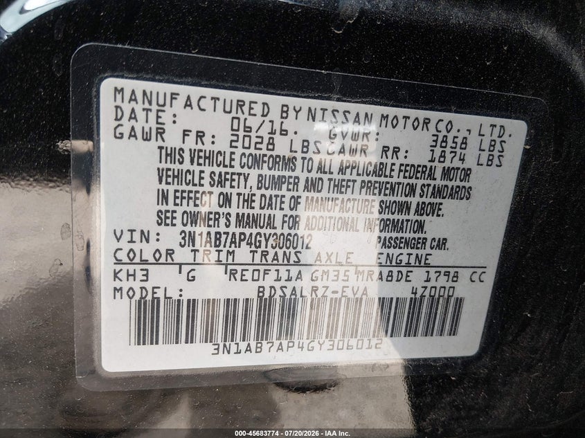 2016 Nissan Sentra Sr VIN: 3N1AB7AP4GY306012 Lot: 45683774