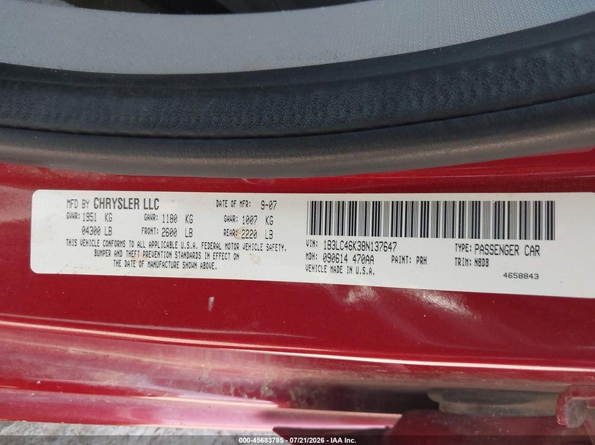 2008 Dodge Avenger Se VIN: 1B3LC46K38N137647 Lot: 45683785