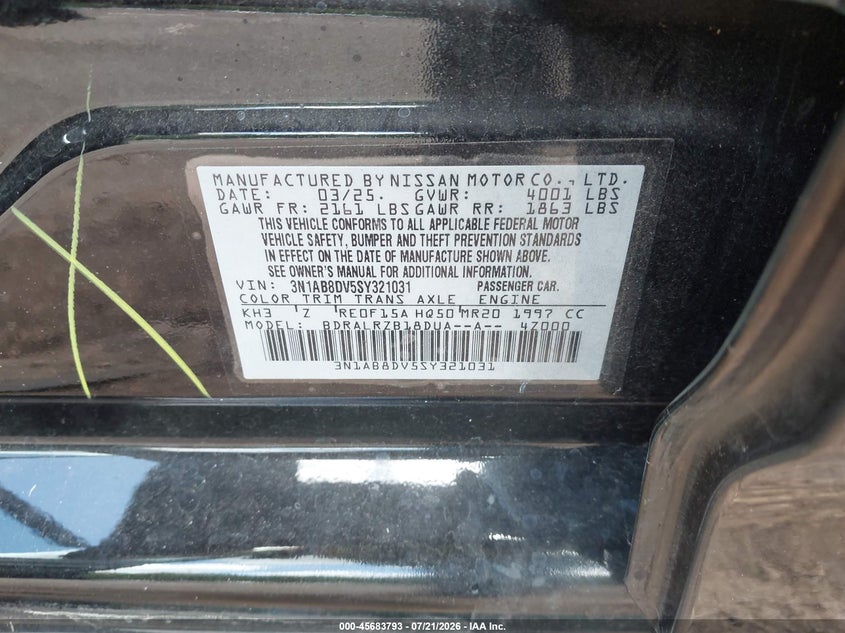 2025 Nissan Sentra Sr VIN: 3N1AB8DV5SY321031 Lot: 45683793