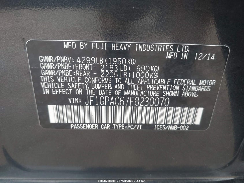 2015 Subaru Impreza 2.0I Premium VIN: JF1GPAC67F8230070 Lot: 45683808