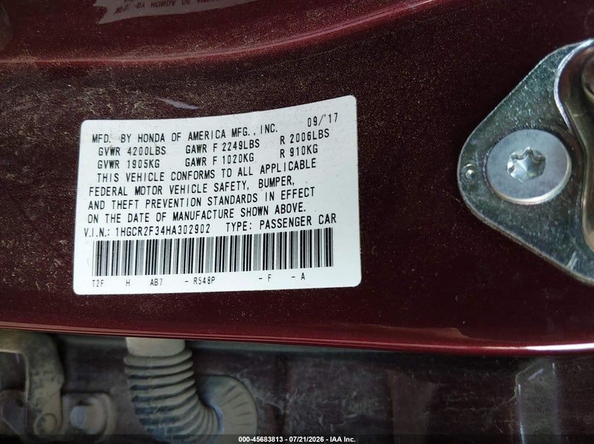 2017 Honda Accord Lx VIN: 1HGCR2F34HA302902 Lot: 45683813