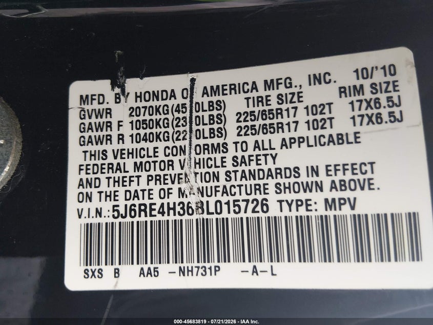 2011 Honda Cr-V Lx VIN: 5J6RE4H36BL015726 Lot: 45683819