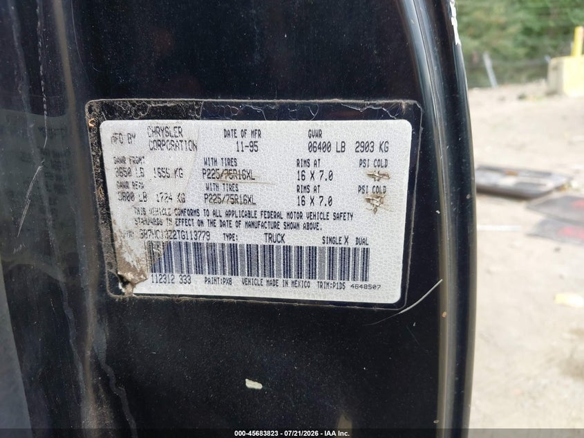 1996 Dodge Ram 1500 VIN: 3B7HC13Z2TG113779 Lot: 45683823