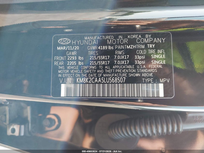 2020 Hyundai Kona Sel VIN: KM8K2CAA5LU568507 Lot: 45683824