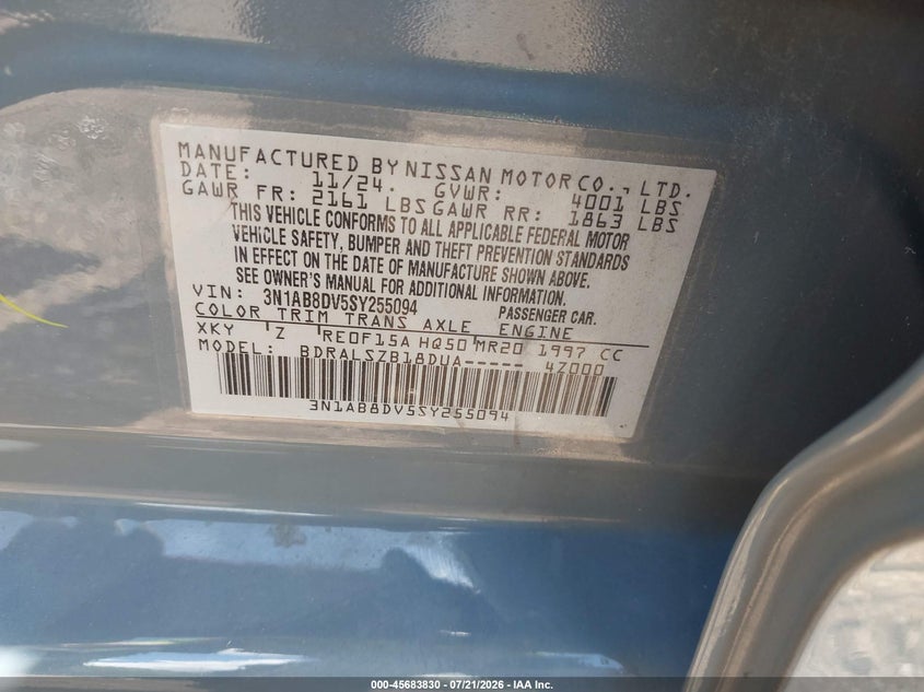 2025 Nissan Sentra Sr VIN: 3N1AB8DV5SY255094 Lot: 45683830