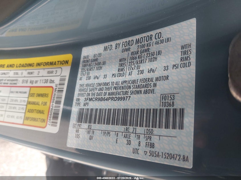 2023 Ford Bronco Sport Big Bend VIN: 3FMCR9B64PRD99977 Lot: 45683833