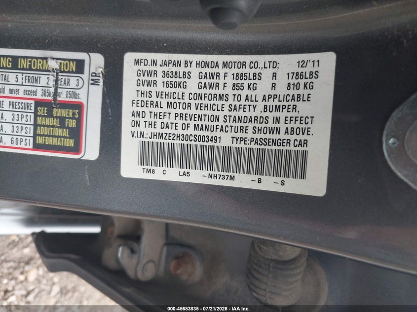 2012 Honda Insight VIN: JHMZE2H30CS003491 Lot: 45683835