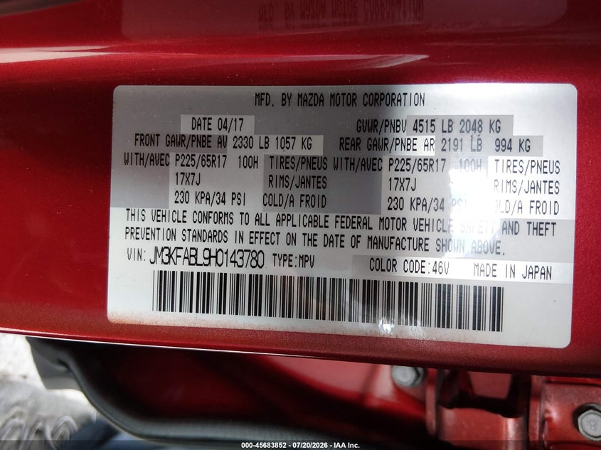 2017 Mazda Cx-5 Sport VIN: JM3KFABL9H0143780 Lot: 45683852