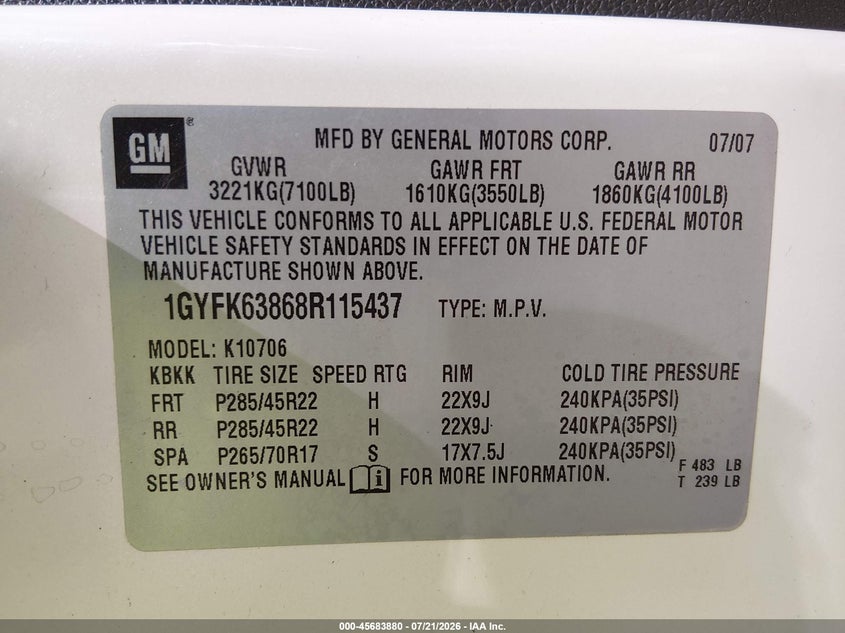 2008 Cadillac Escalade VIN: 1GYFK63868R115437 Lot: 45683880