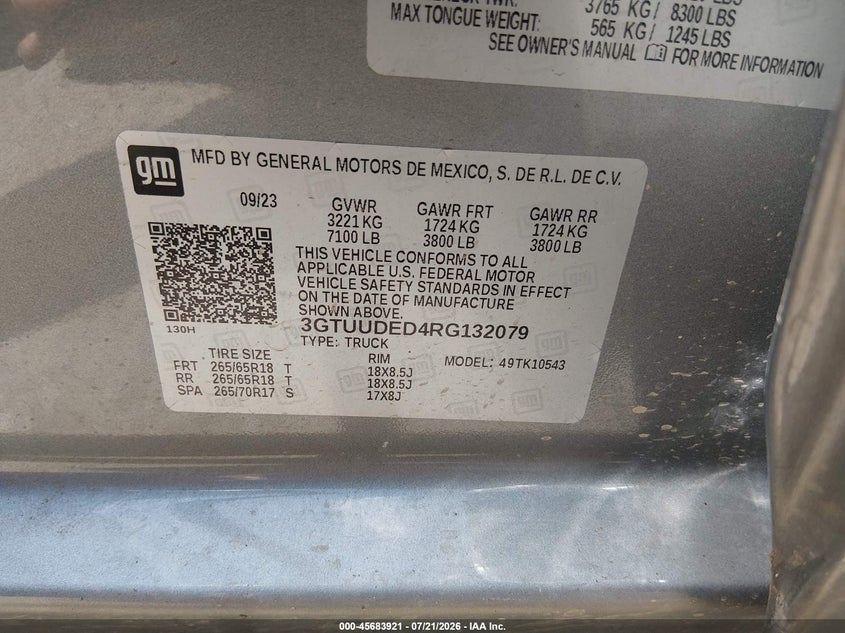 2024 GMC Sierra 1500 4Wd Short Box Slt VIN: 3GTUUDED4RG132079 Lot: 45683921