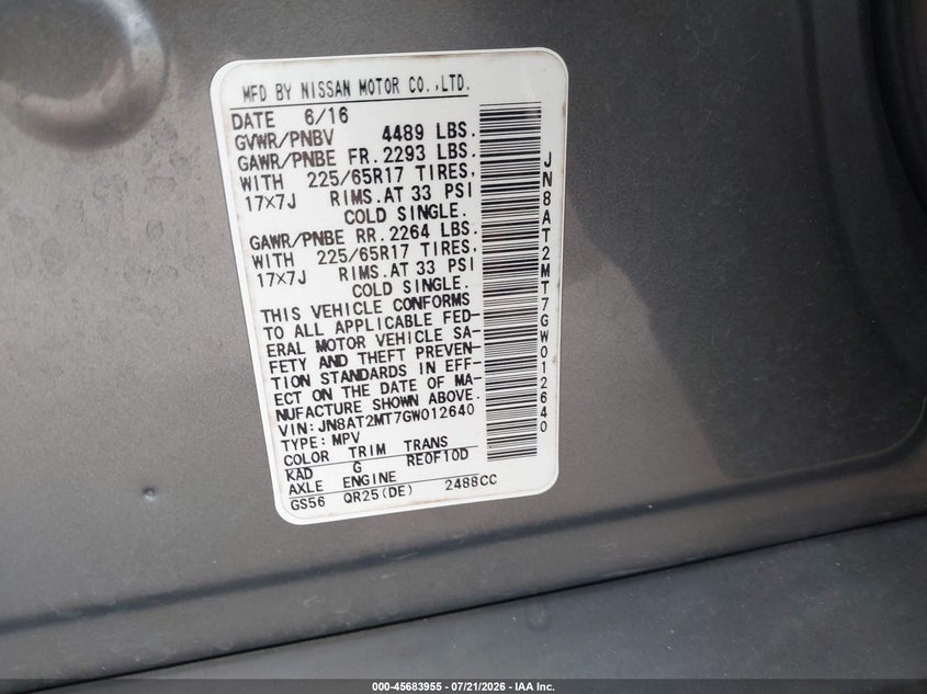 2016 Nissan Rogue S VIN: JN8AT2MT7GW012640 Lot: 45683955