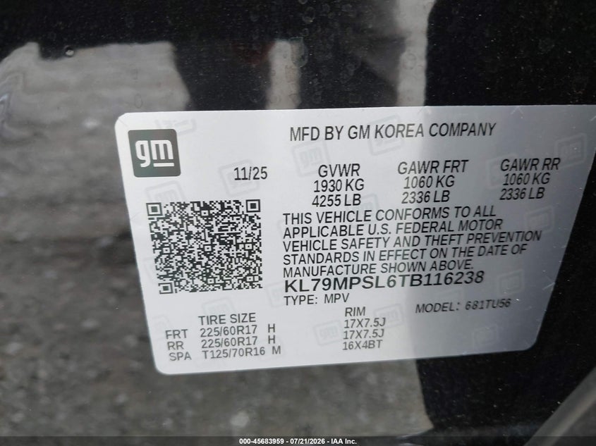 2026 Chevrolet Trailblazer Fwd Lt VIN: KL79MPSL6TB116238 Lot: 45683959