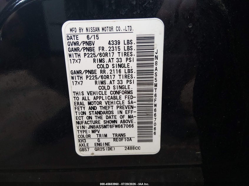 2015 Nissan Rogue Select S VIN: JN8AS5MT6FW667066 Lot: 45683960
