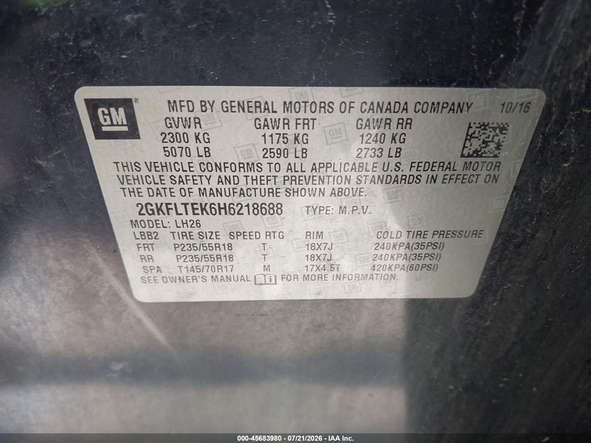 2017 GMC Terrain Sle-2 VIN: 2GKFLTEK6H6218688 Lot: 45683980
