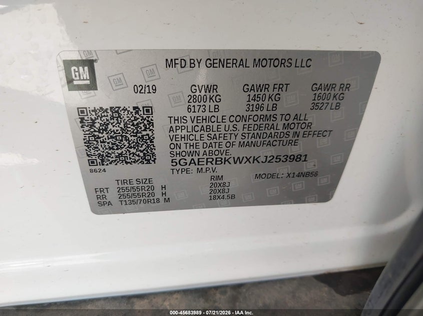 2019 Buick Enclave Fwd Essence VIN: 5GAERBKWXKJ253981 Lot: 45683989