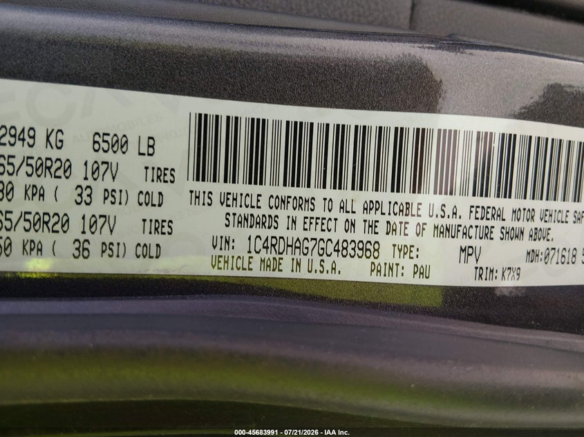 2016 Dodge Durango Sxt VIN: 1C4RDHAG7GC483968 Lot: 45683991