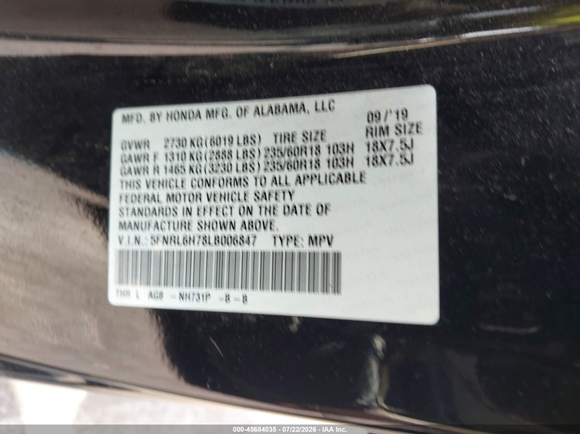 HONDA ODYSSEY 2020 VIN 5FNRL6H78LB006847