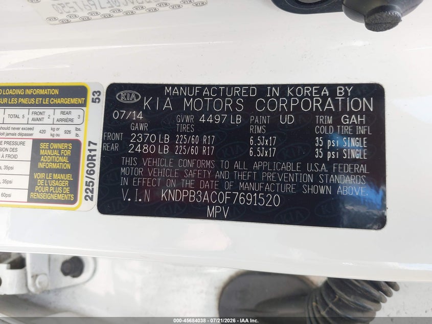 2015 Kia Sportage Lx VIN: KNDPB3AC0F7691520 Lot: 45684038