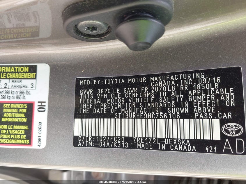 2017 Toyota Corolla Se VIN: 2T1BURHE9HC756106 Lot: 45684039