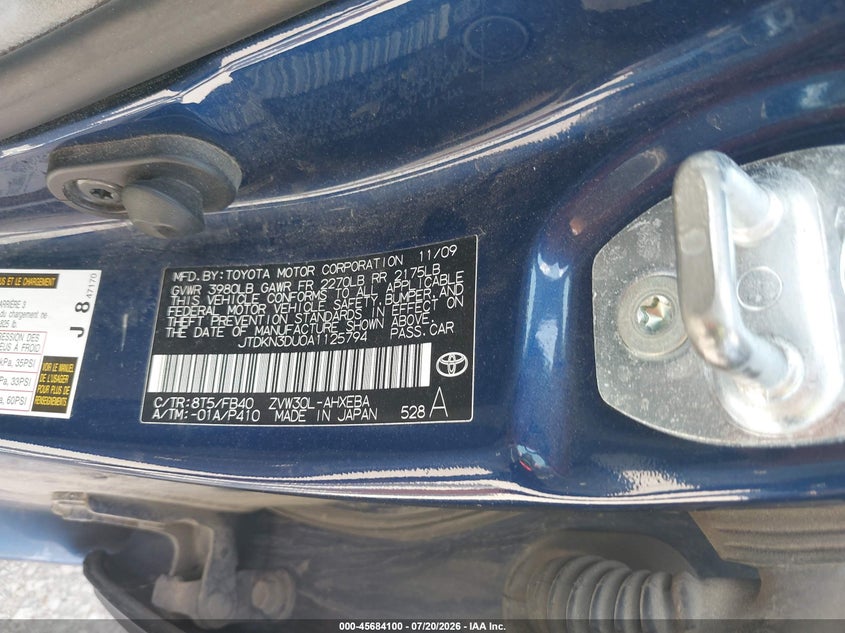 2010 Toyota Prius Iii VIN: JTDKN3DU0A1125794 Lot: 45684100
