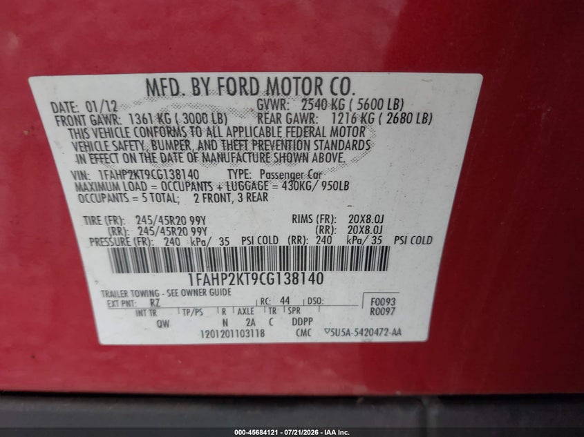 2012 Ford Taurus Sho VIN: 1FAHP2KT9CG138140 Lot: 45684121