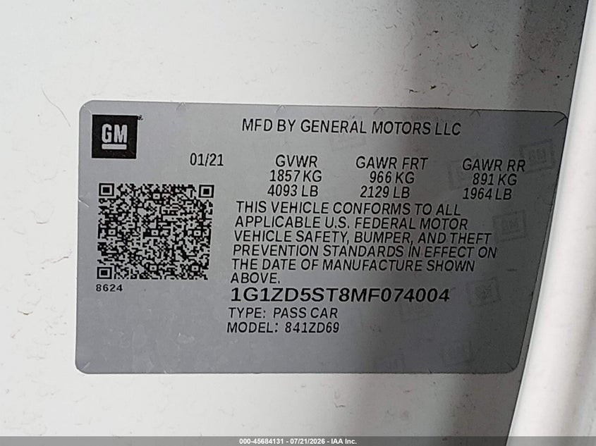 2021 Chevrolet Malibu Fwd Lt VIN: 1G1ZD5ST8MF074004 Lot: 45684131