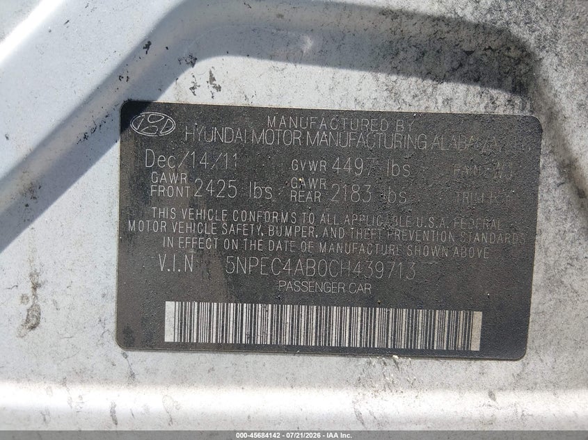 2012 Hyundai Sonata Se 2.0T VIN: 5NPEC4AB0CH439713 Lot: 45684142