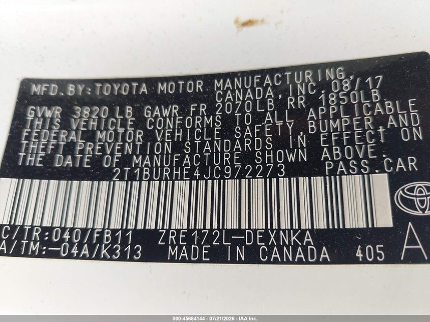 2018 Toyota Corolla Le VIN: 2T1BURHE4JC972273 Lot: 45684144