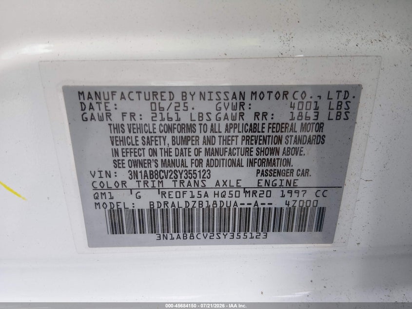 2025 Nissan Sentra Sv VIN: 3N1AB8CV2SY355123 Lot: 45684150