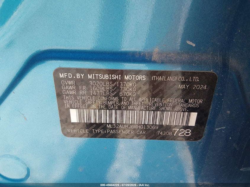 2024 Mitsubishi Mirage Es/Le VIN: ML32AUHJ6RH013069 Lot: 45684225