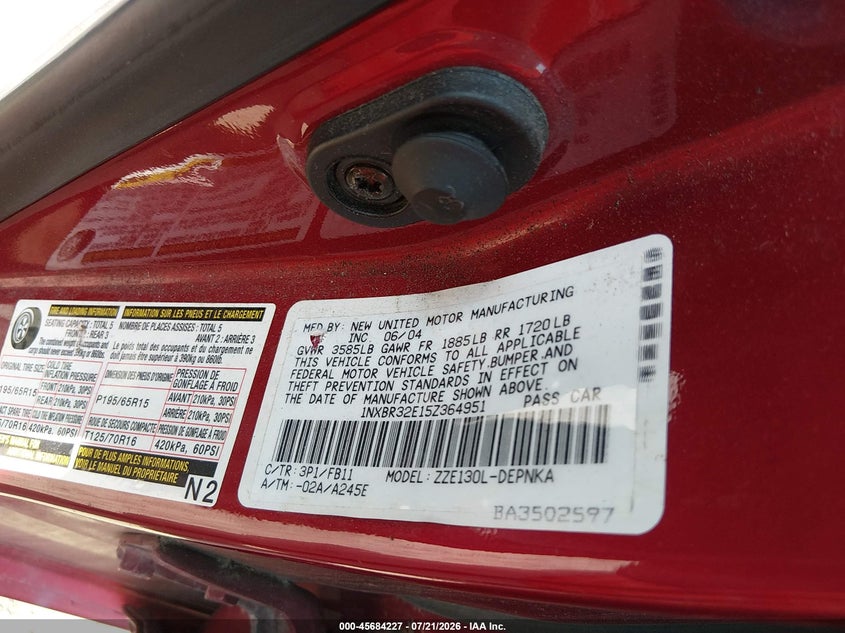 2005 Toyota Corolla Le VIN: 1NXBR32E15Z364951 Lot: 45684227
