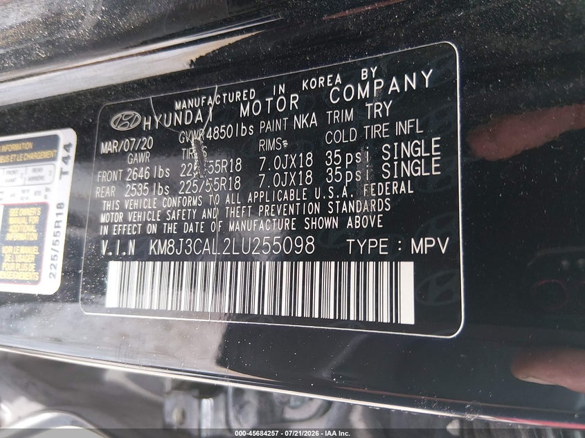 2020 Hyundai Tucson Sel VIN: KM8J3CAL2LU255098 Lot: 45684257