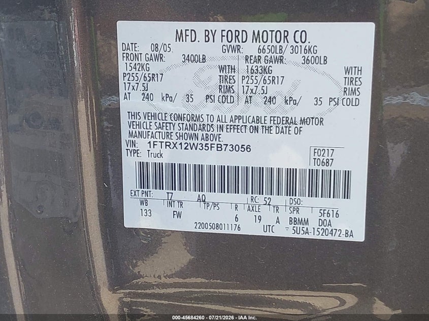 2005 Ford F-150 Stx/Xl/Xlt VIN: 1FTRX12W35FB73056 Lot: 45684260