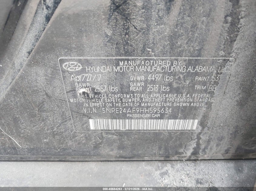 2017 Hyundai Sonata VIN: 5NPE24AF9HH595634 Lot: 45684263