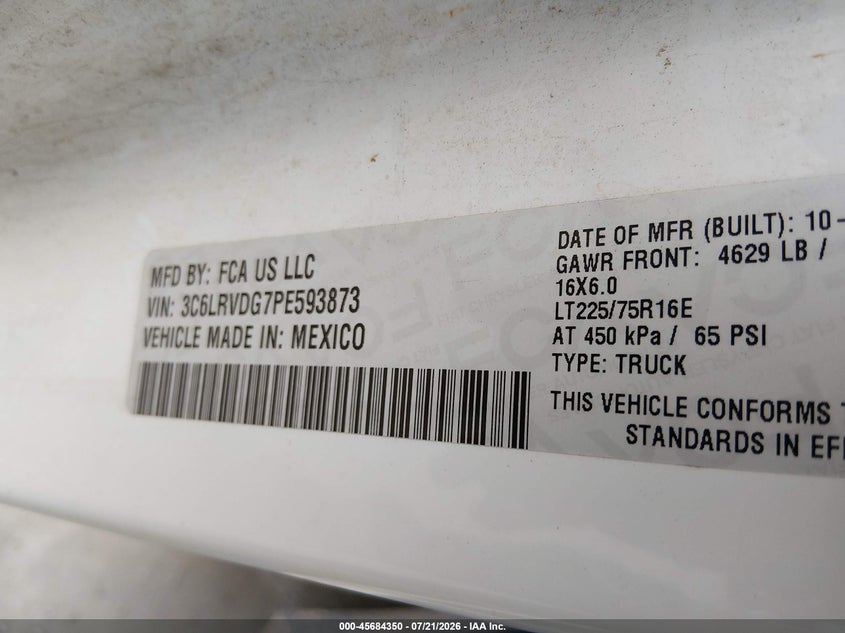 2023 Ram Promaster 2500 High Roof 159 Wb VIN: 3C6LRVDG7PE593873 Lot: 45684350