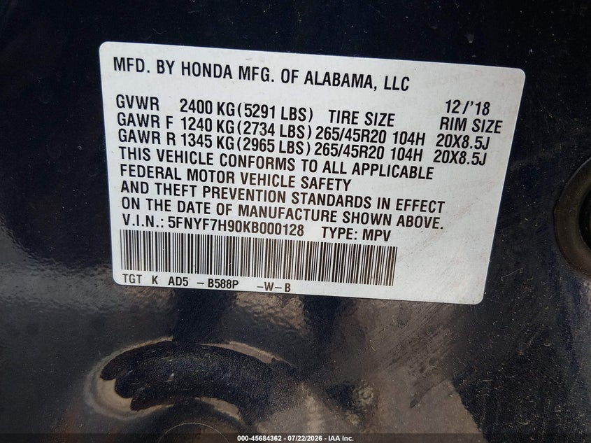 HONDA PASSPORT 2019 VIN 5FNYF7H90KB000128
