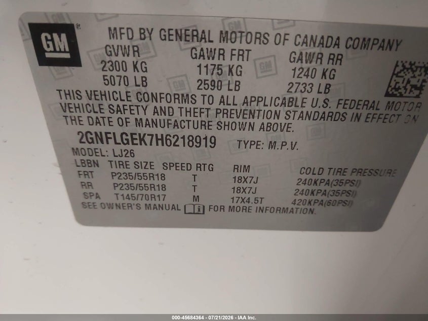 2017 Chevrolet Equinox Premier VIN: 2GNFLGEK7H6218919 Lot: 45684364