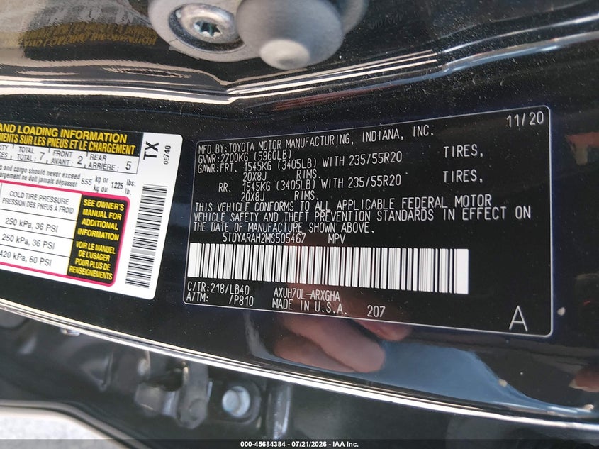 2021 Toyota Highlander Hybrid Limited VIN: 5TDYARAH2MS505467 Lot: 45684384