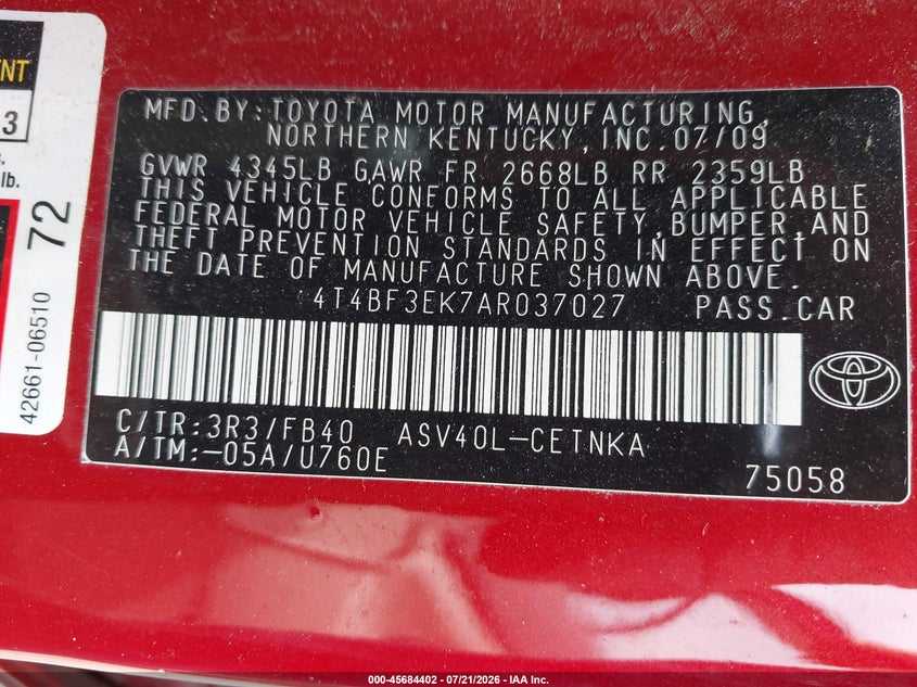 2010 Toyota Camry Le VIN: 4T4BF3EK7AR037027 Lot: 45684402