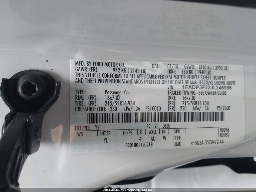 2018 Ford Focus Se VIN: 1FADP3F22JL246996 Lot: 45684407