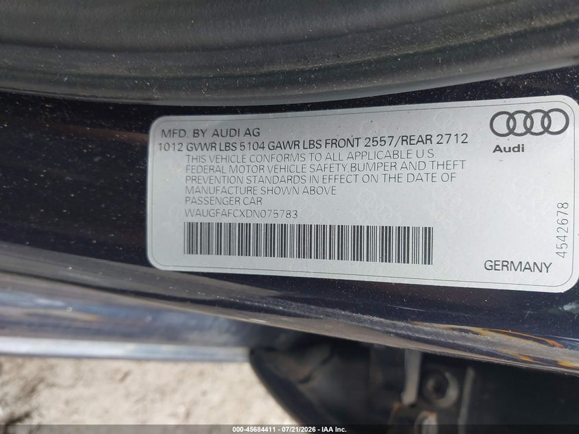 2013 Audi A6 2.0T Premium VIN: WAUGFAFCXDN075783 Lot: 45684411