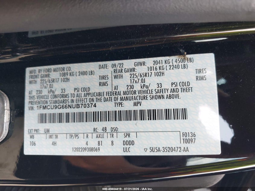 2022 Ford Escape Se VIN: 1FMCU9G66NUB70374 Lot: 45684419