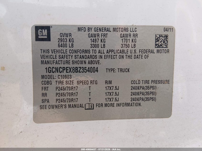 2011 Chevrolet Silverado 1500 Work Truck VIN: 1GCNCPEX8BZ354004 Lot: 45684437