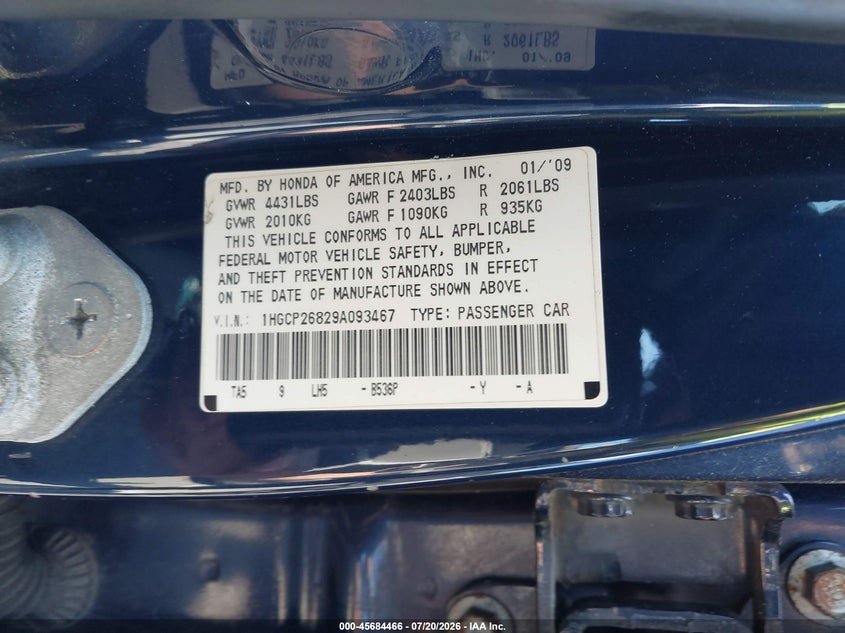 2009 Honda Accord 2.4 Ex-L VIN: 1HGCP26829A093467 Lot: 45684466