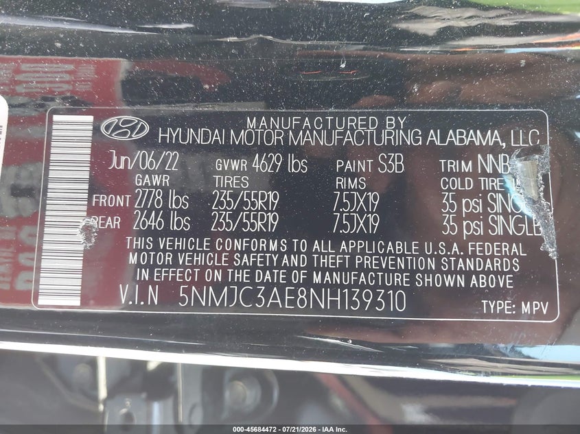 2022 Hyundai Tucson Sel VIN: 5NMJC3AE8NH139310 Lot: 45684472